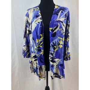 Chico's‎ Size 0 Women's Small Bright Blue Floral Ruffle Hem Open Cardigan